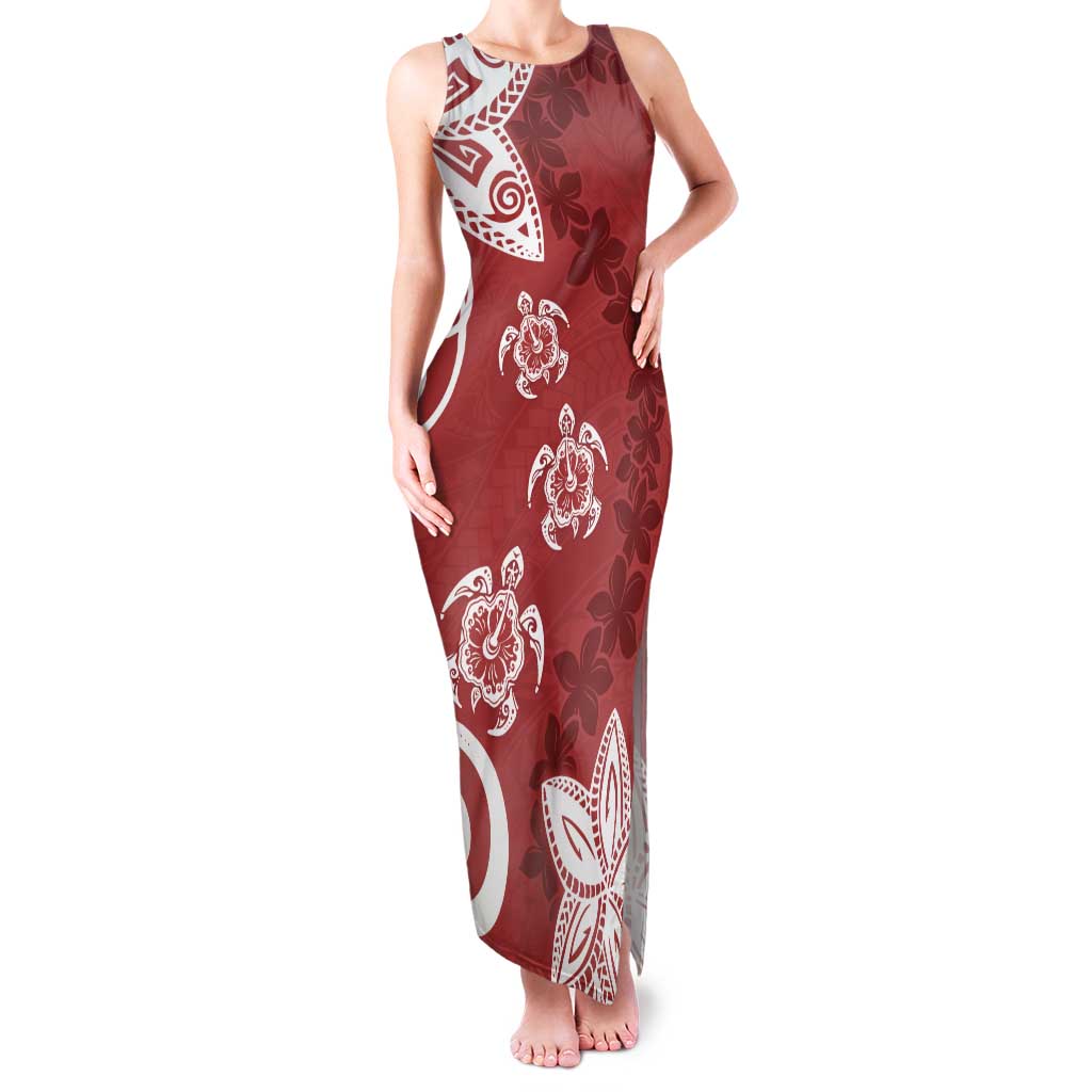 Polynesia Family Matching Tank Maxi Dress and Hawaiian Shirt Red Tribal Turtle Floral Pattern