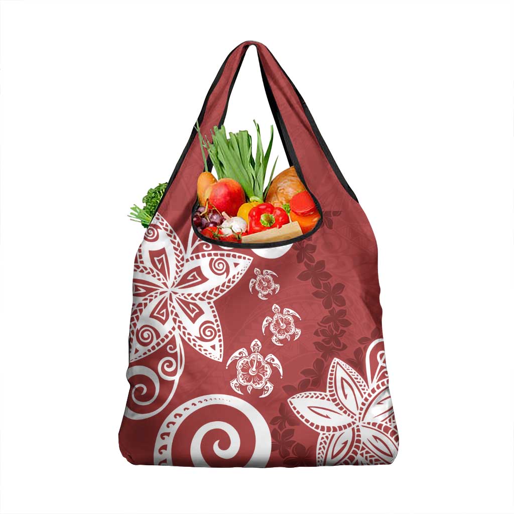 Polynesia Grocery Bag Red Tribal Turtle Floral Pattern