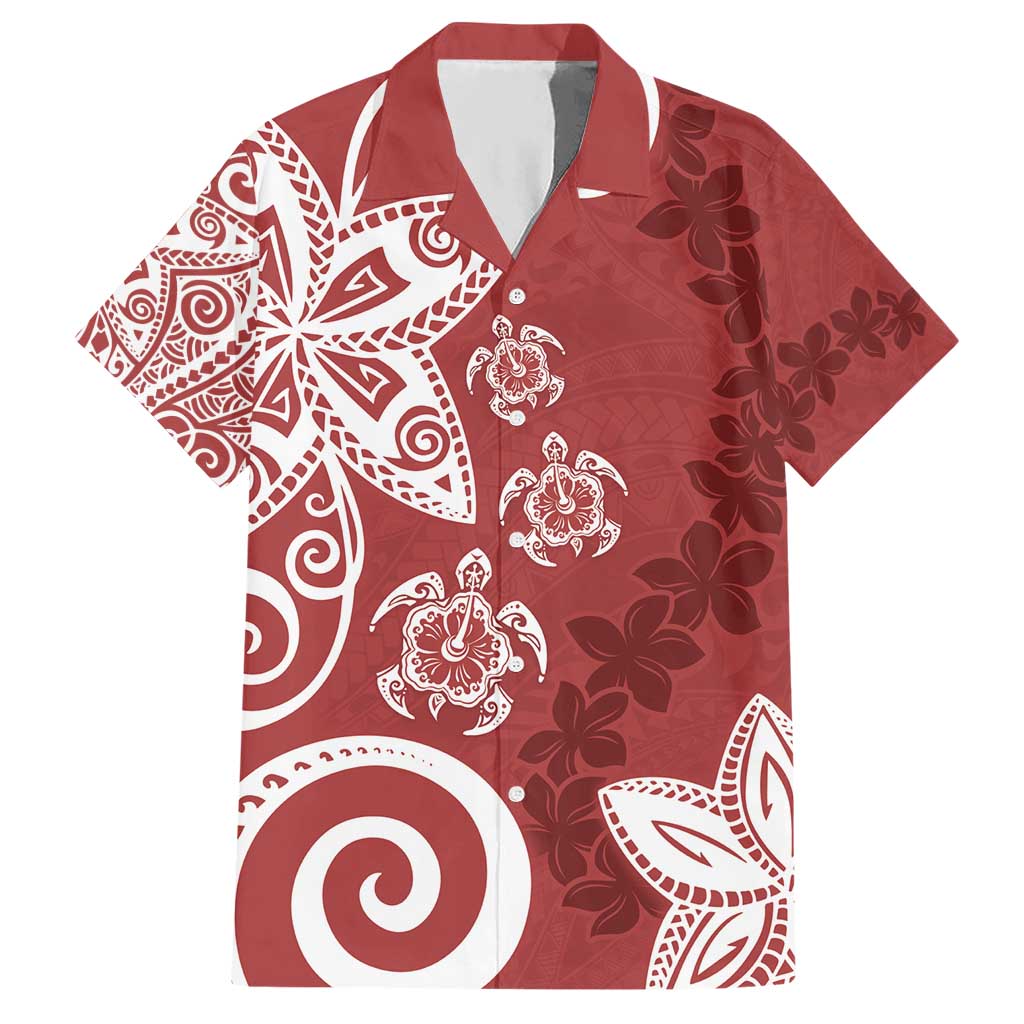 Polynesia Hawaiian Shirt Red Tribal Turtle Floral Pattern