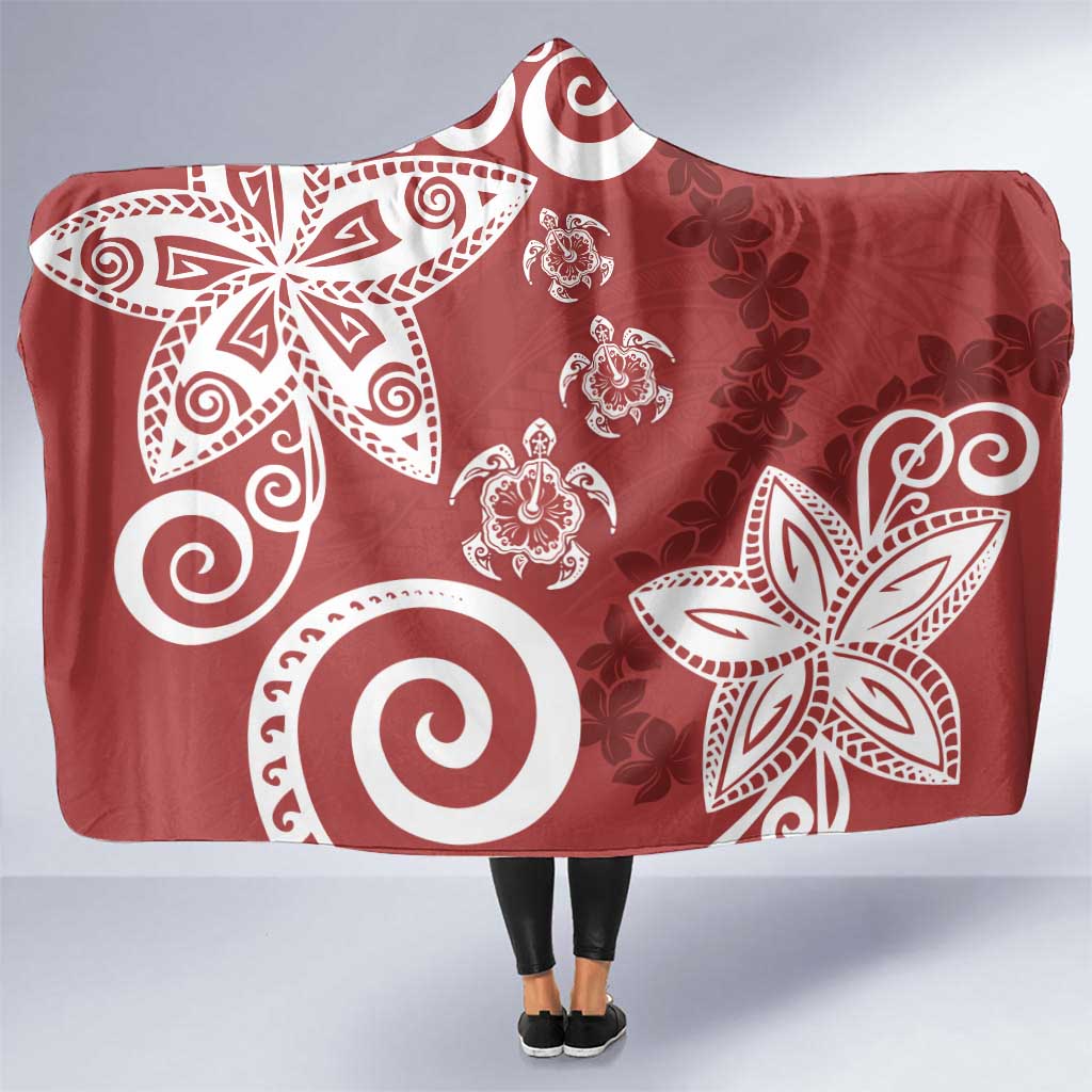 Polynesia Hooded Blanket Red Tribal Turtle Floral Pattern