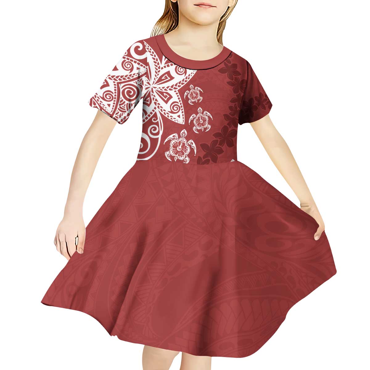 Polynesia Kid Short Sleeve Dress Red Tribal Turtle Floral Pattern LT05 - Polynesian Pride