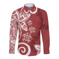 Polynesia Long Sleeve Button Shirt Red Tribal Turtle Floral Pattern LT05 Unisex Red - Polynesian Pride