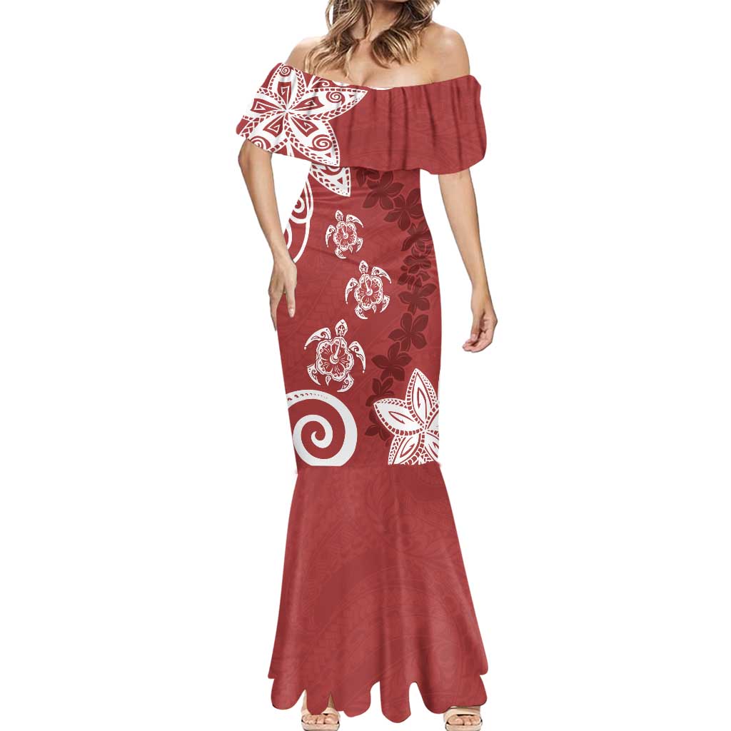 Polynesia Mermaid Dress Red Tribal Turtle Floral Pattern LT05 - Polynesian Pride