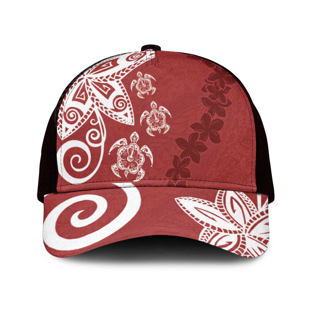 Polynesia Mesh Trucker Cap Red Tribal Turtle Floral Pattern - Polynesian Pride