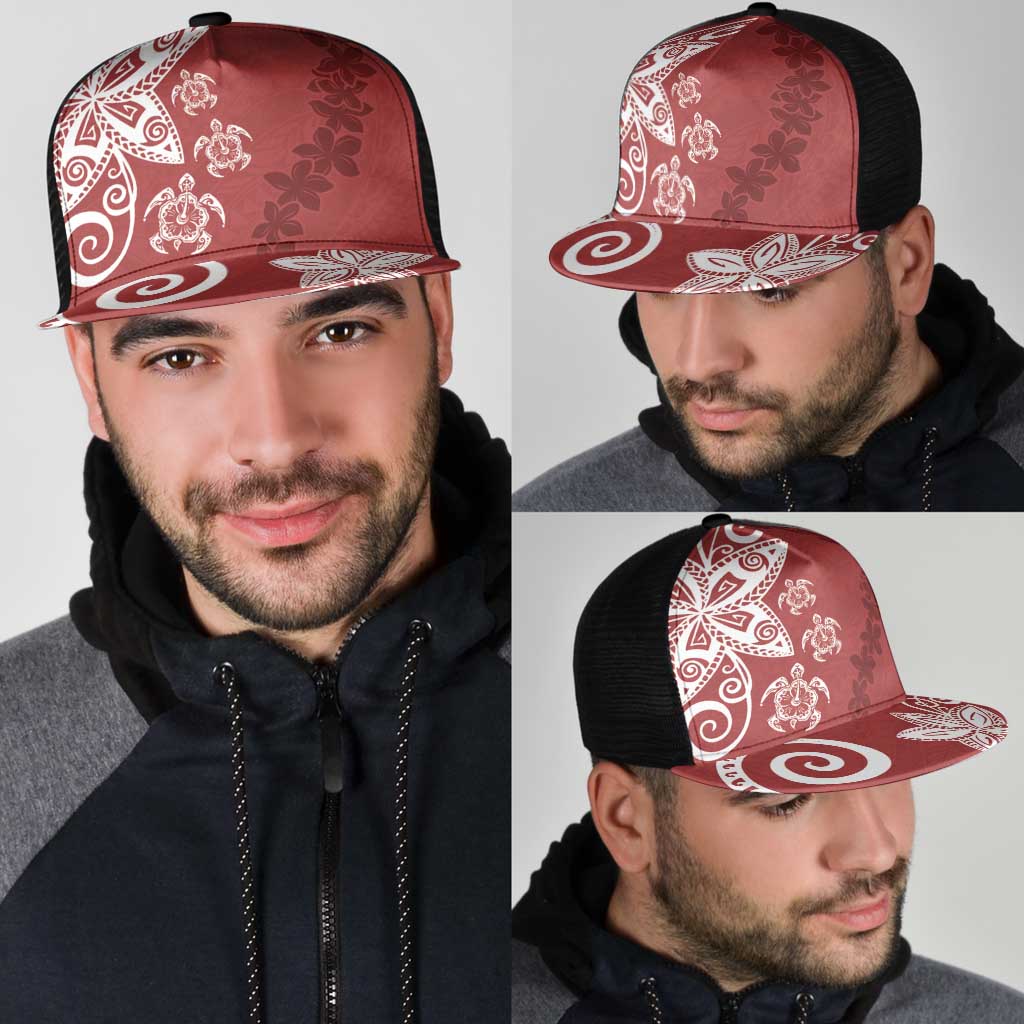 Polynesia Mesh Trucker Cap Red Tribal Turtle Floral Pattern - Polynesian Pride