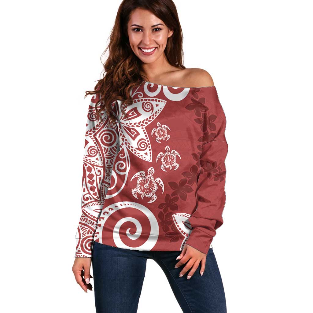 Polynesia Off Shoulder Sweater Red Tribal Turtle Floral Pattern