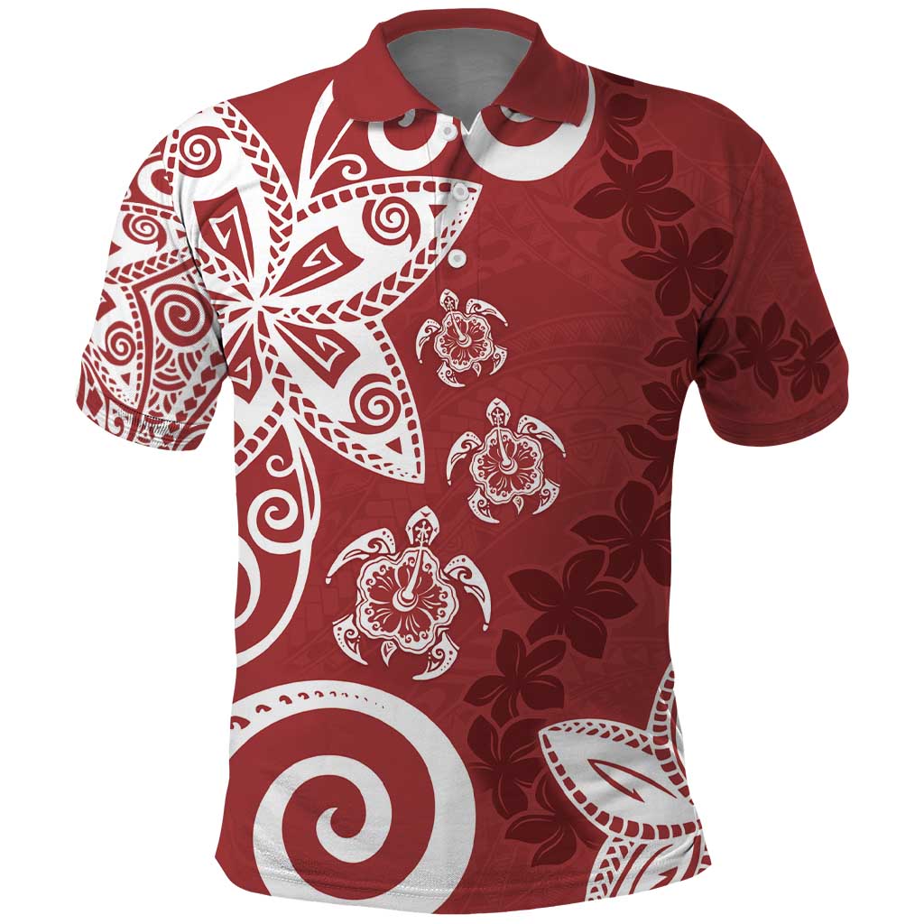 Polynesia Polo Shirt Red Tribal Turtle Floral Pattern