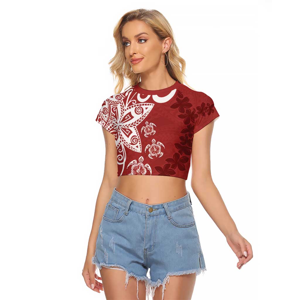 Polynesia Raglan Cropped T Shirt Red Tribal Turtle Floral Pattern LT05 Female Red - Polynesian Pride