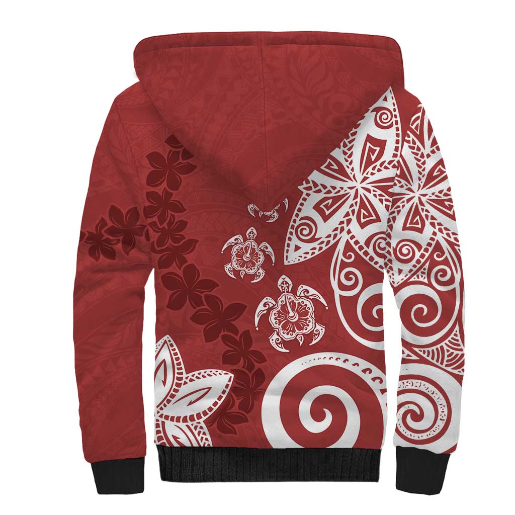 Polynesia Sherpa Hoodie Red Tribal Turtle Floral Pattern