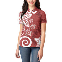 Polynesia Women Polo Shirt Red Tribal Turtle Floral Pattern