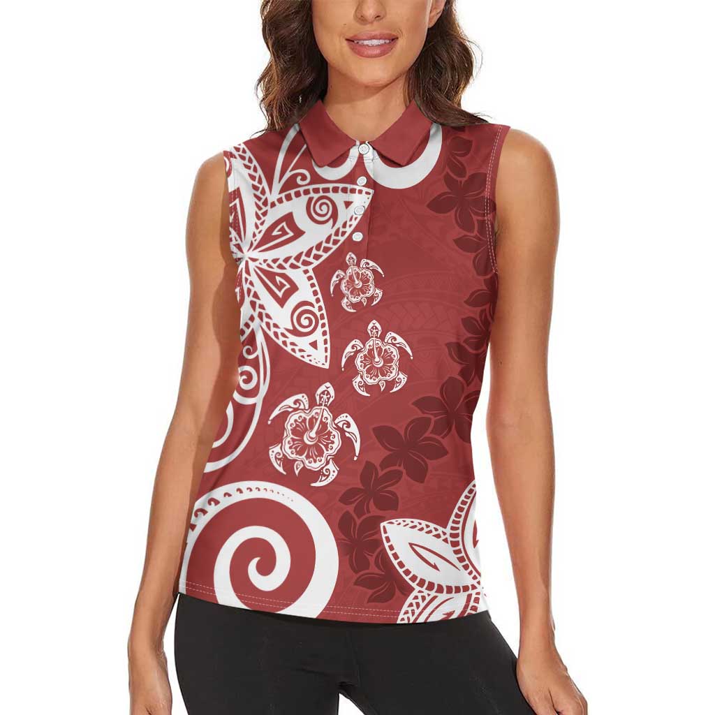 Polynesia Women Sleeveless Polo Shirt Red Tribal Turtle Floral Pattern LT05 - Polynesian Pride