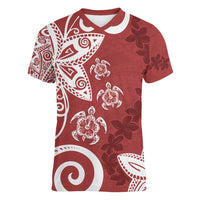 Polynesia Women V-Neck T-Shirt Red Tribal Turtle Floral Pattern LT05 Female Red - Polynesian Pride