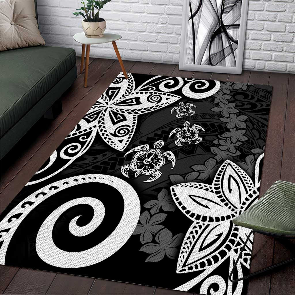 Polynesia Area Rug Black Tribal Turtle Floral Pattern