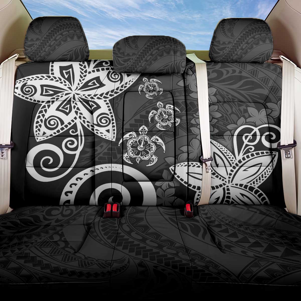 Polynesia Back Car Seat Cover Black Tribal Turtle Floral Pattern