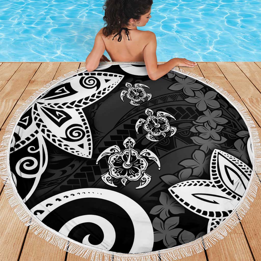 Polynesia Beach Blanket Black Tribal Turtle Floral Pattern