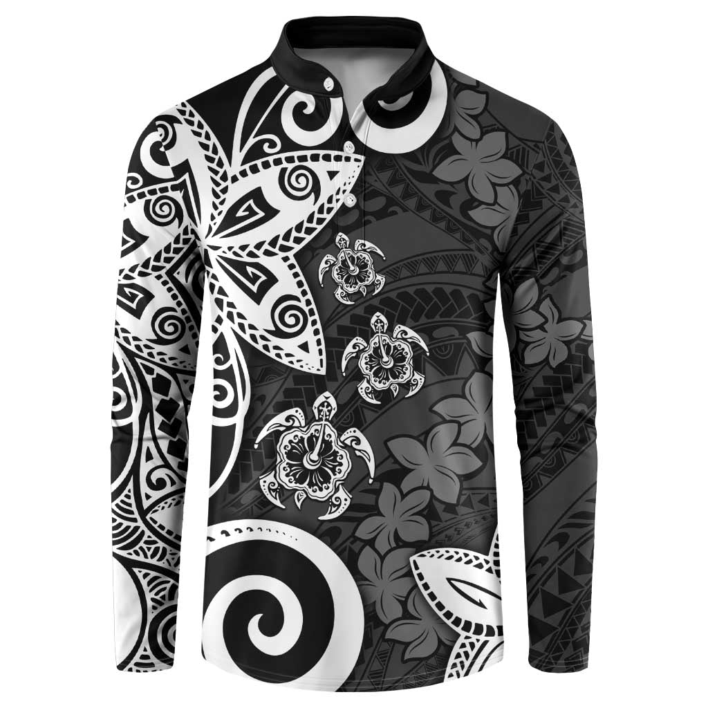Polynesia Button Sweatshirt Black Tribal Turtle Floral Pattern