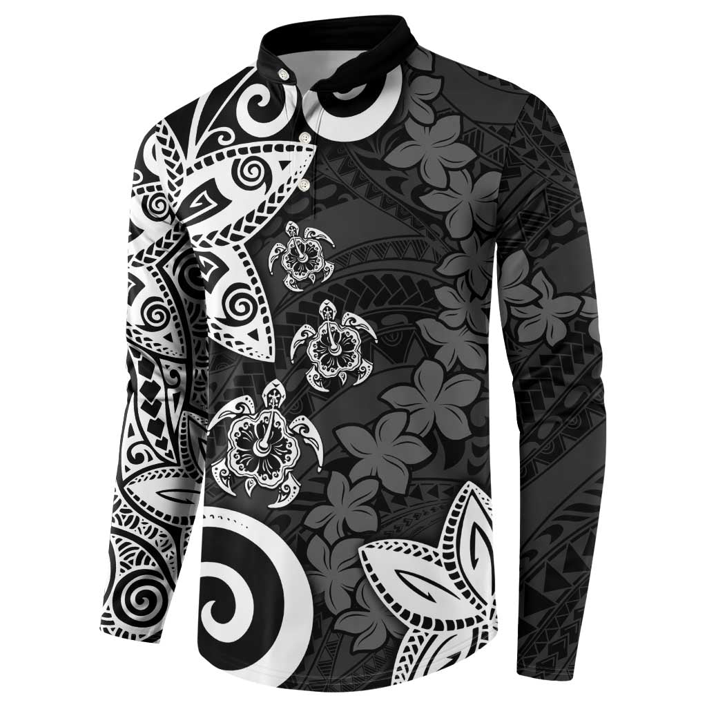 Polynesia Button Sweatshirt Black Tribal Turtle Floral Pattern
