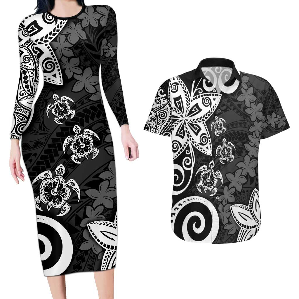 Polynesia Couples Matching Long Sleeve Bodycon Dress and Hawaiian Shirt Black Tribal Turtle Floral Pattern