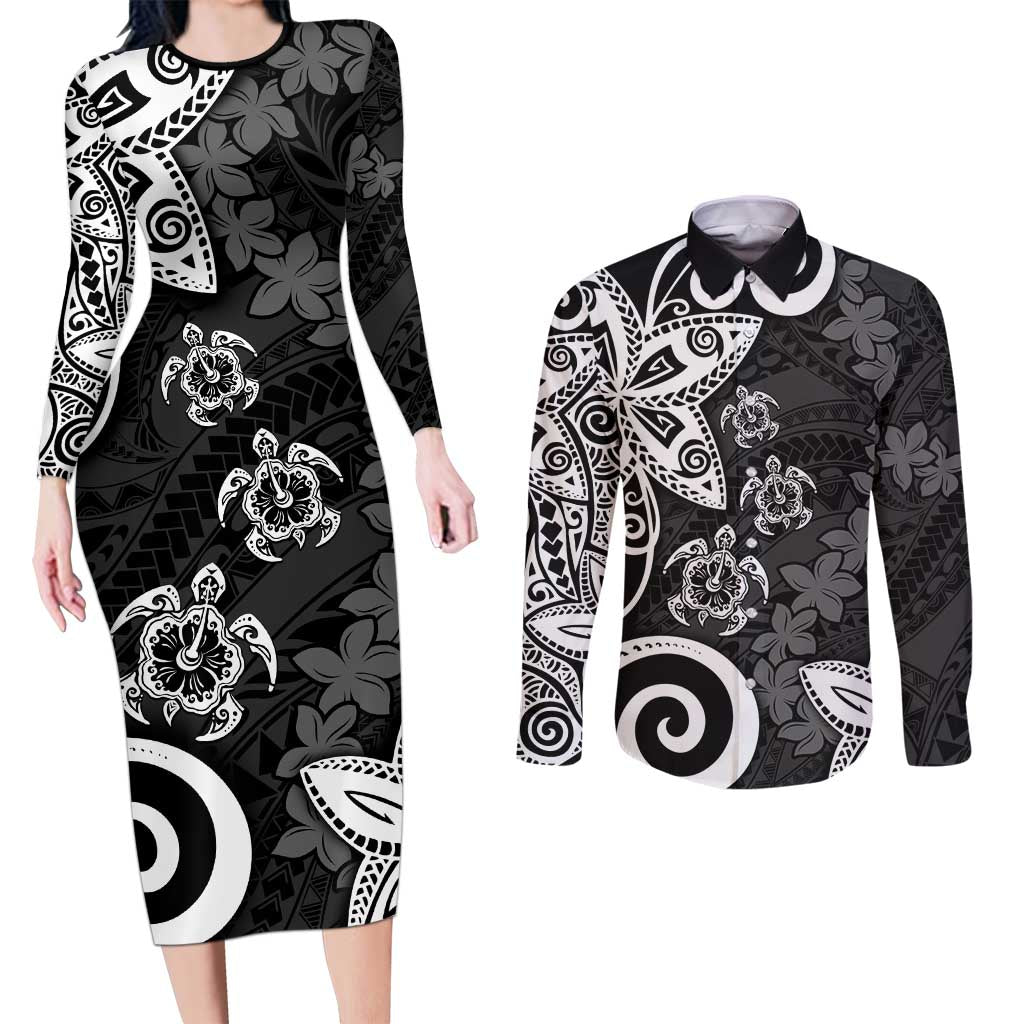 Polynesia Couples Matching Long Sleeve Bodycon Dress and Long Sleeve Button Shirt Black Tribal Turtle Floral Pattern