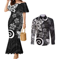 Polynesia Couples Matching Mermaid Dress and Long Sleeve Button Shirt Black Tribal Turtle Floral Pattern