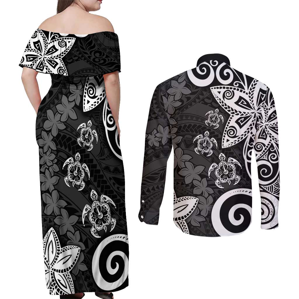 Polynesia Couples Matching Off Shoulder Maxi Dress and Long Sleeve Button Shirt Black Tribal Turtle Floral Pattern