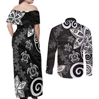 Polynesia Couples Matching Off Shoulder Maxi Dress and Long Sleeve Button Shirt Black Tribal Turtle Floral Pattern
