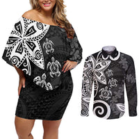 Polynesia Couples Matching Off Shoulder Short Dress and Long Sleeve Button Shirt Black Tribal Turtle Floral Pattern