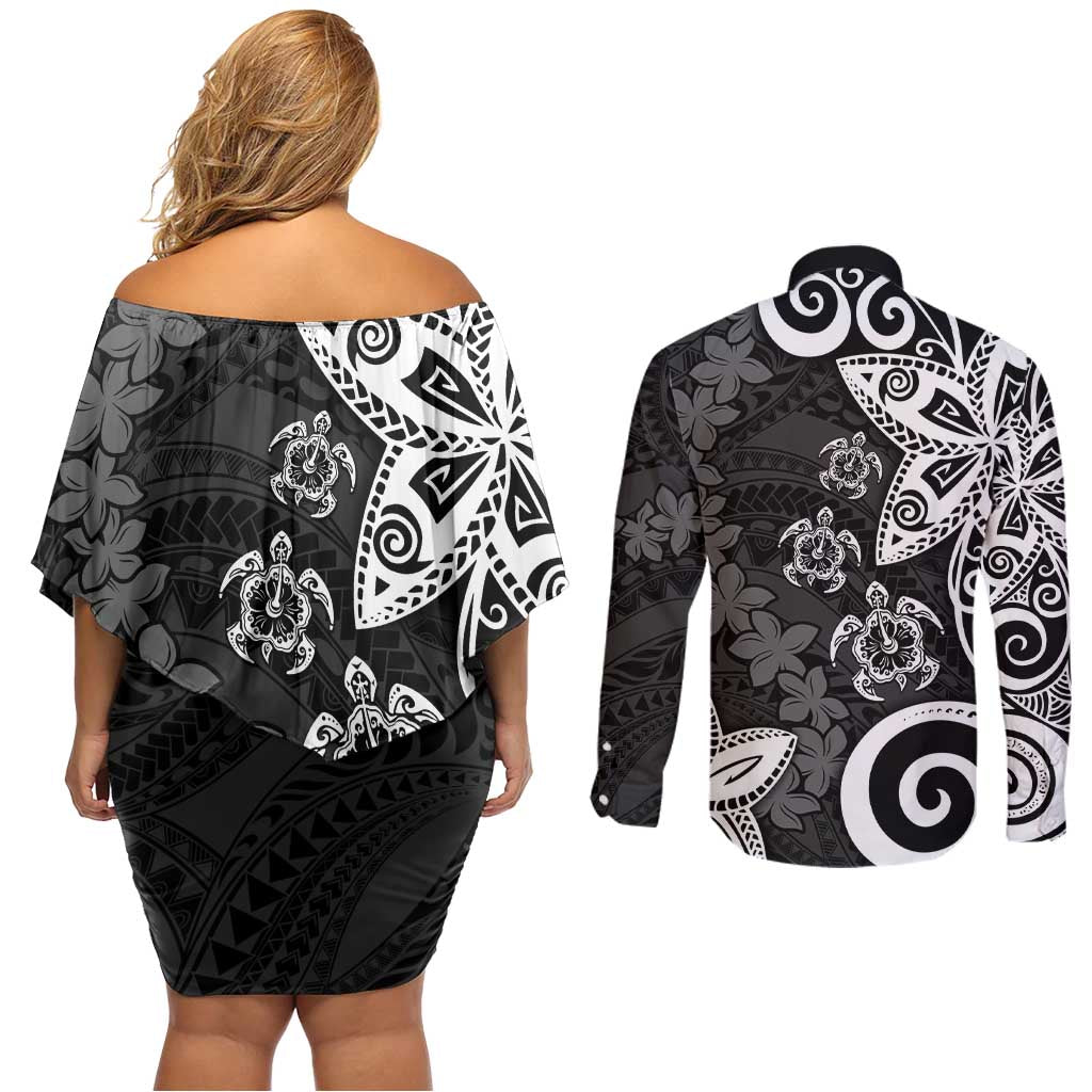 Polynesia Couples Matching Off Shoulder Short Dress and Long Sleeve Button Shirt Black Tribal Turtle Floral Pattern