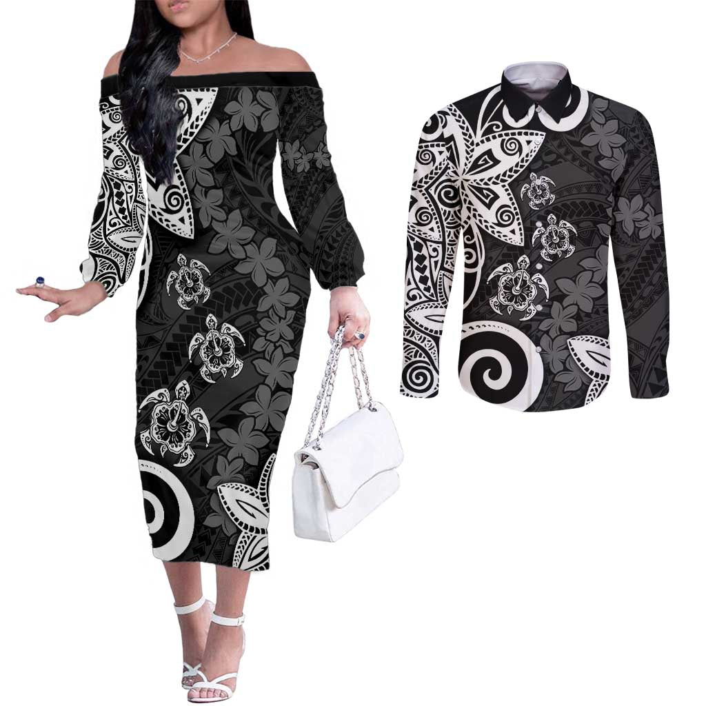 Polynesia Couples Matching Off The Shoulder Long Sleeve Dress and Long Sleeve Button Shirt Black Tribal Turtle Floral Pattern