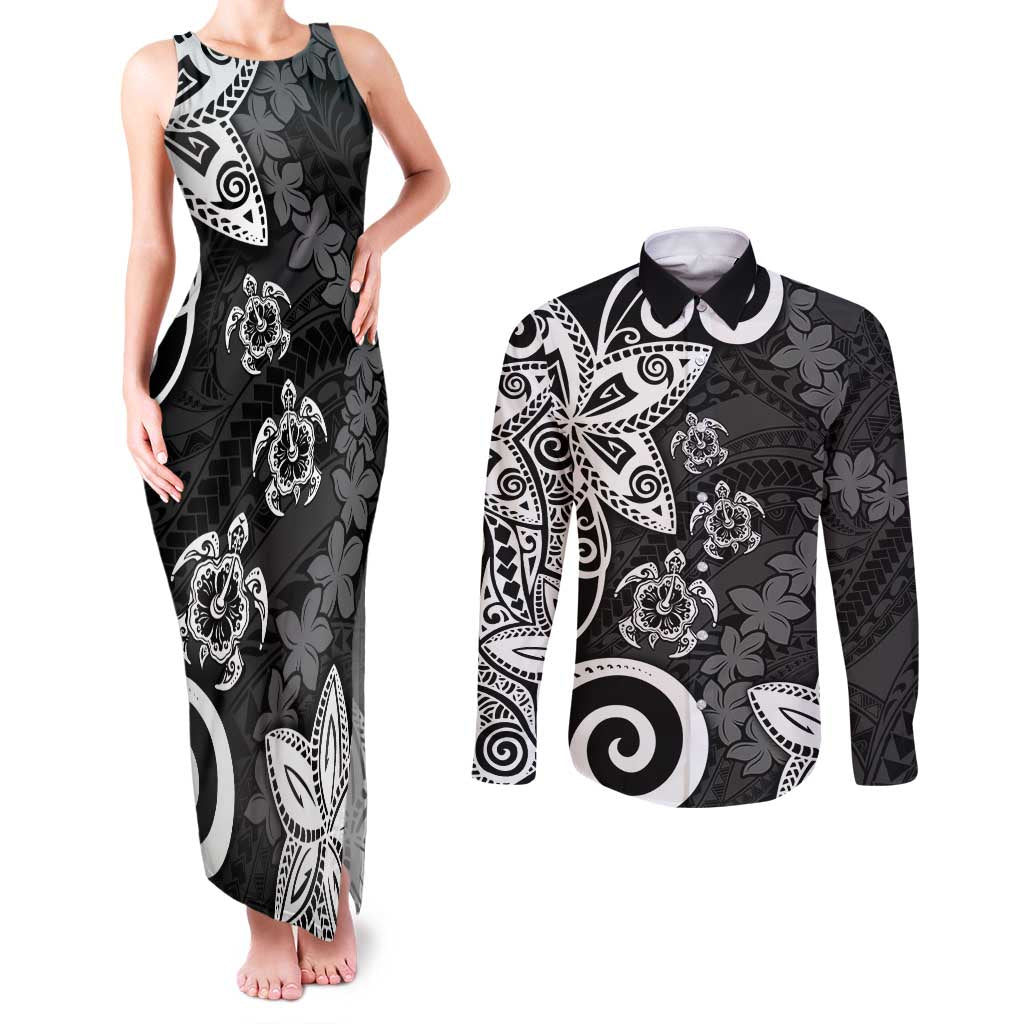 Polynesia Couples Matching Tank Maxi Dress and Long Sleeve Button Shirt Black Tribal Turtle Floral Pattern