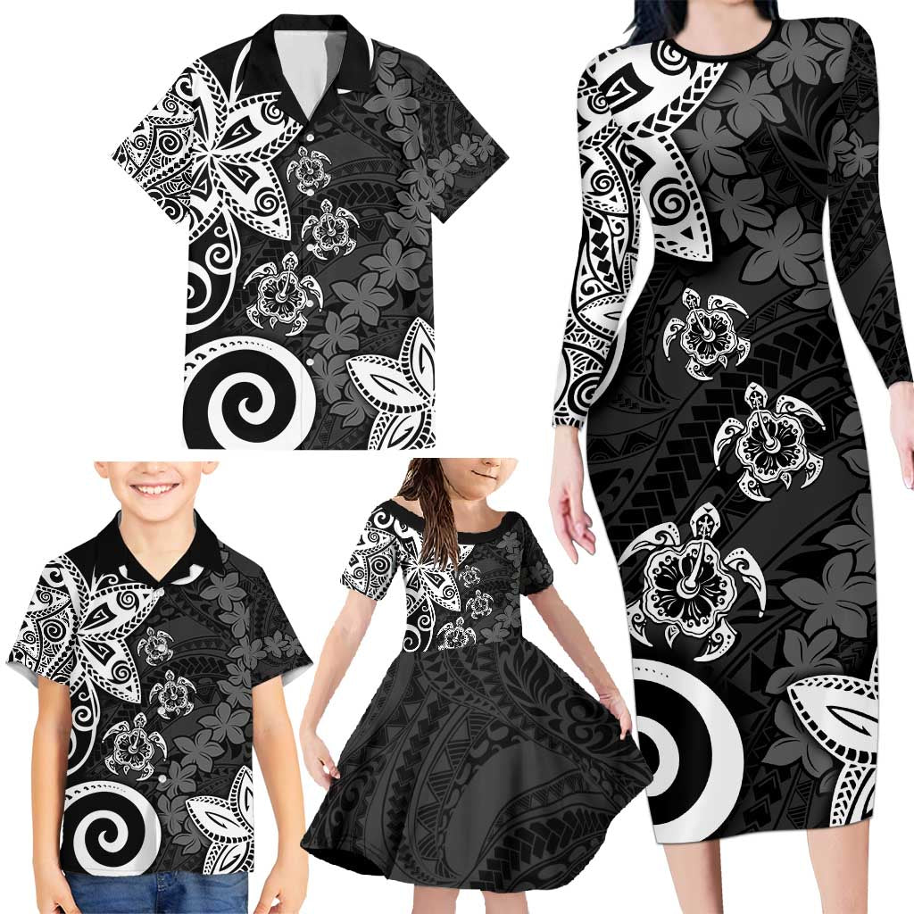 Polynesia Family Matching Long Sleeve Bodycon Dress and Hawaiian Shirt Black Tribal Turtle Floral Pattern LT05 - Polynesian Pride