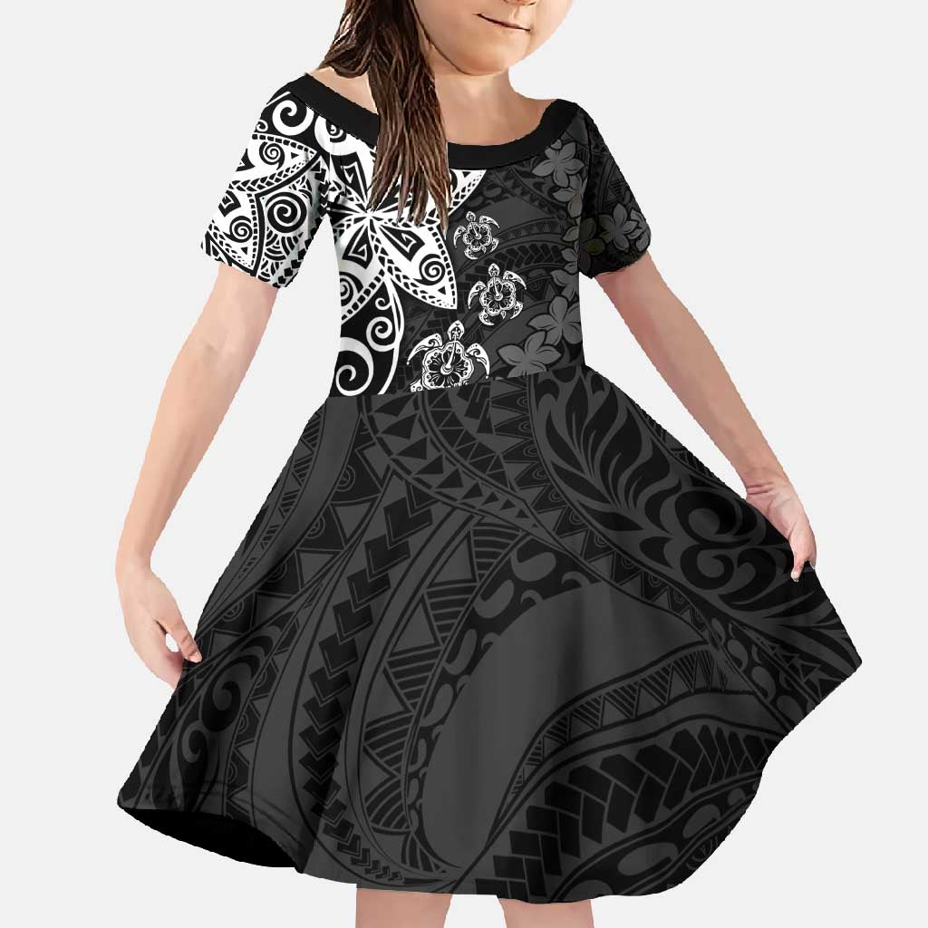 Polynesia Family Matching Mermaid Dress and Hawaiian Shirt Black Tribal Turtle Floral Pattern LT05 Daughter's Dress Black - Polynesian Pride