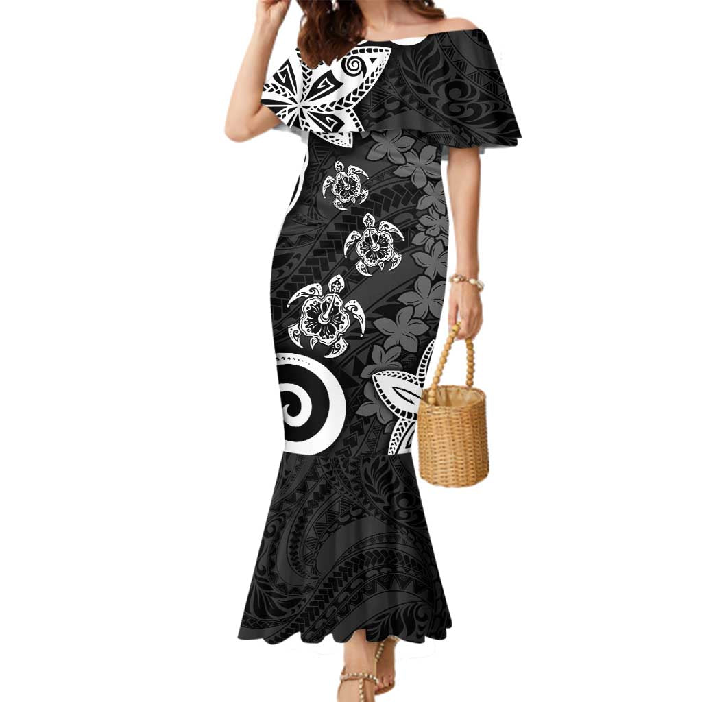 Polynesia Family Matching Mermaid Dress and Hawaiian Shirt Black Tribal Turtle Floral Pattern LT05 Mom's Dress Black - Polynesian Pride