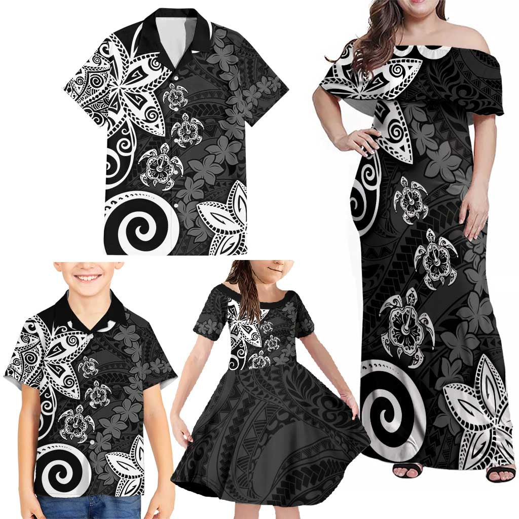 Polynesia Family Matching Off Shoulder Maxi Dress and Hawaiian Shirt Black Tribal Turtle Floral Pattern LT05 - Polynesian Pride