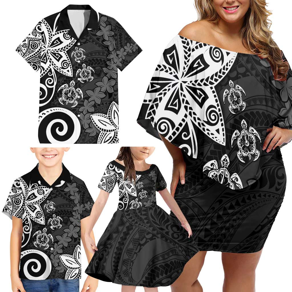 Polynesia Family Matching Off Shoulder Short Dress and Hawaiian Shirt Black Tribal Turtle Floral Pattern LT05 - Polynesian Pride