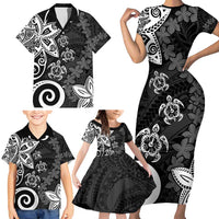 Polynesia Family Matching Short Sleeve Bodycon Dress and Hawaiian Shirt Black Tribal Turtle Floral Pattern LT05 - Polynesian Pride