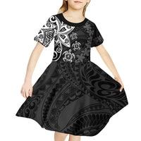 Polynesia Kid Short Sleeve Dress Black Tribal Turtle Floral Pattern LT05 - Polynesian Pride