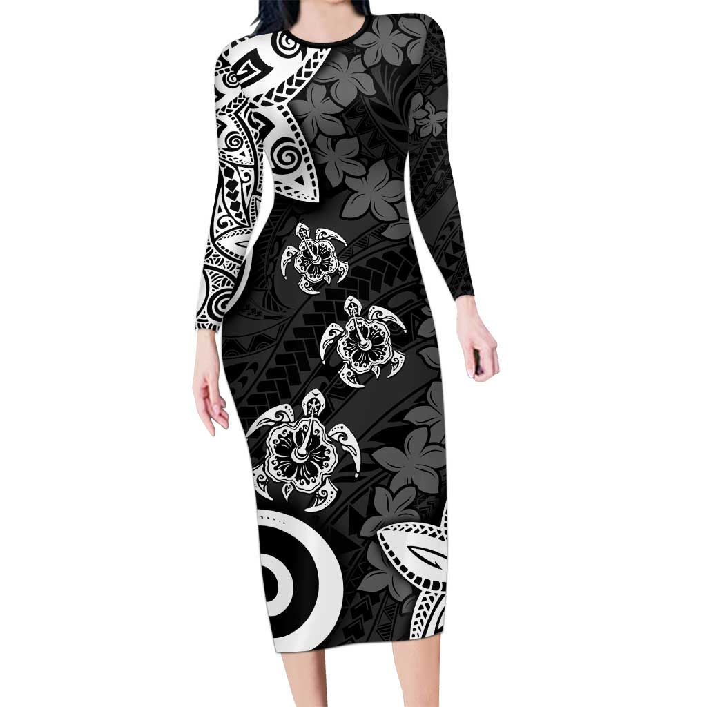 Polynesia Long Sleeve Bodycon Dress Black Tribal Turtle Floral Pattern LT05 Long Dress Black - Polynesian Pride