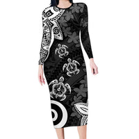 Polynesia Long Sleeve Bodycon Dress Black Tribal Turtle Floral Pattern LT05 Long Dress Black - Polynesian Pride