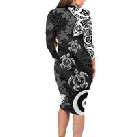 Polynesia Long Sleeve Bodycon Dress Black Tribal Turtle Floral Pattern LT05 - Polynesian Pride