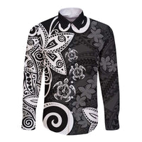 Polynesia Long Sleeve Button Shirt Black Tribal Turtle Floral Pattern LT05 Unisex Black - Polynesian Pride