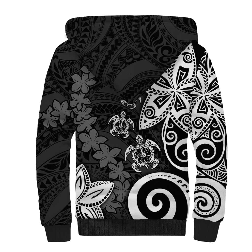 Polynesia Sherpa Hoodie Black Tribal Turtle Floral Pattern