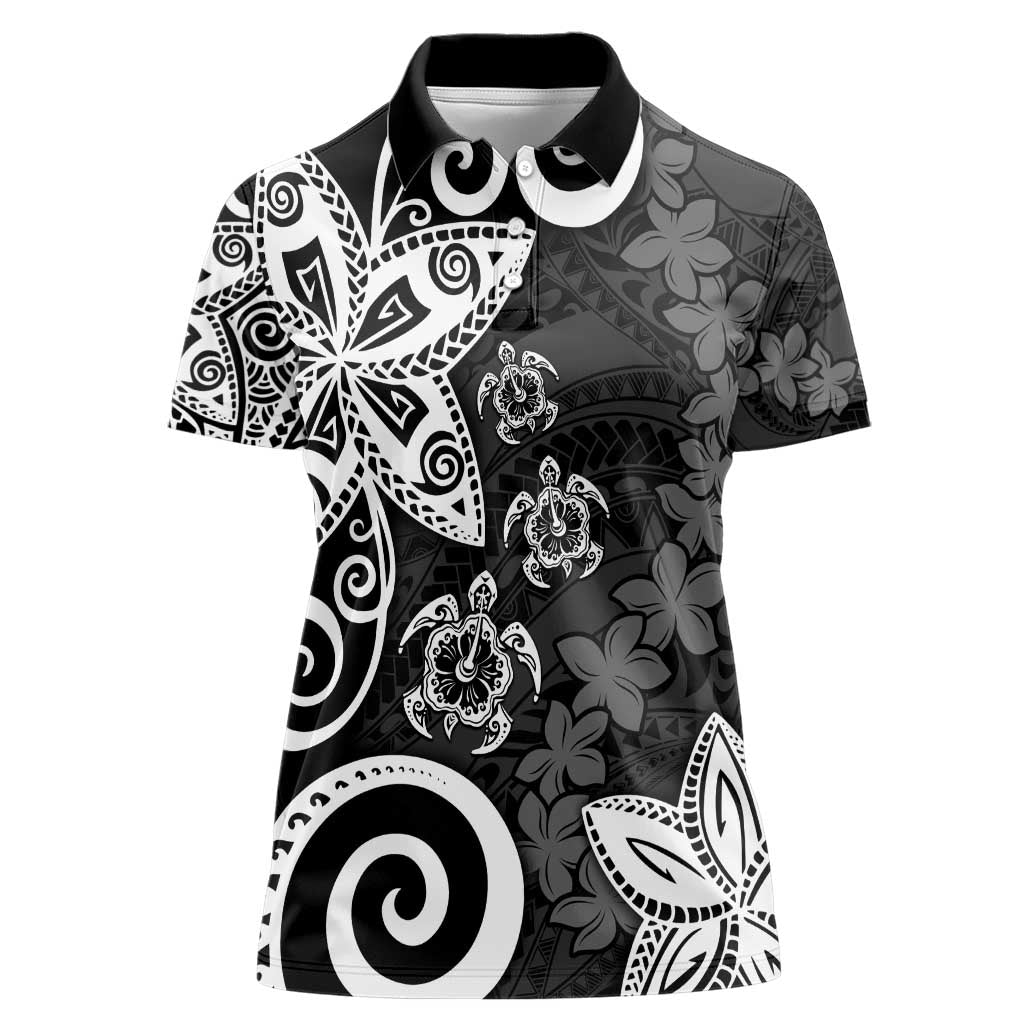 Polynesia Women Polo Shirt Black Tribal Turtle Floral Pattern