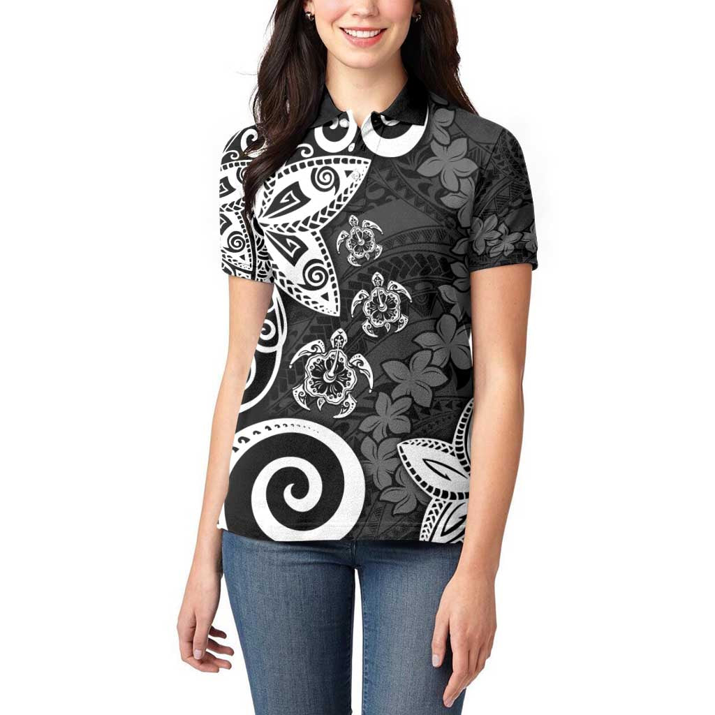 Polynesia Women Polo Shirt Black Tribal Turtle Floral Pattern