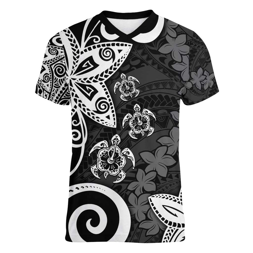 Polynesia Women V-Neck T-Shirt Black Tribal Turtle Floral Pattern LT05 Female Black - Polynesian Pride