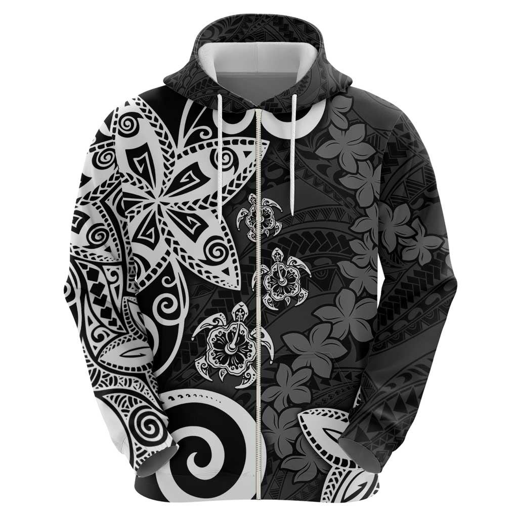 Polynesia Zip Hoodie Black Tribal Turtle Floral Pattern