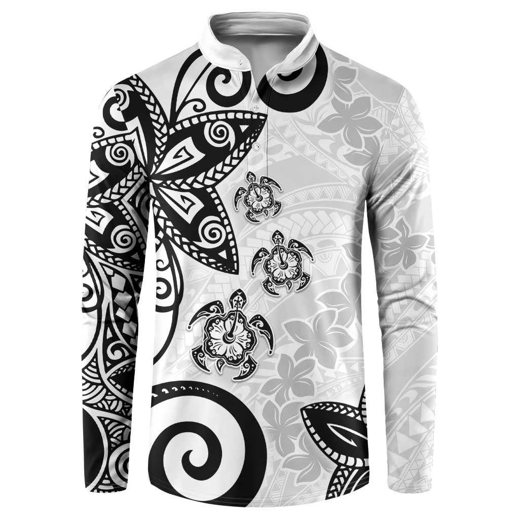 Polynesia Button Sweatshirt White Tribal Turtle Floral Pattern