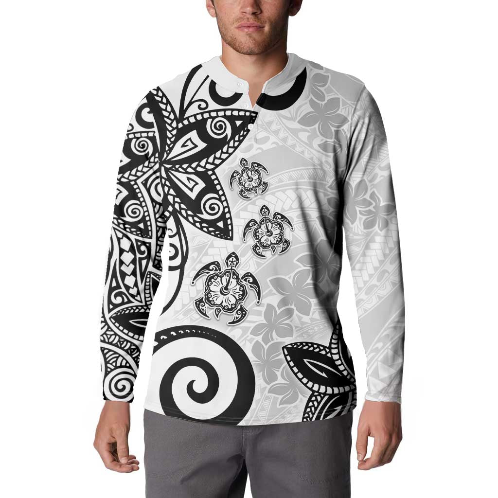 Polynesia Button Sweatshirt White Tribal Turtle Floral Pattern