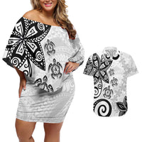 Polynesia Couples Matching Off Shoulder Short Dress and Hawaiian Shirt White Tribal Turtle Floral Pattern