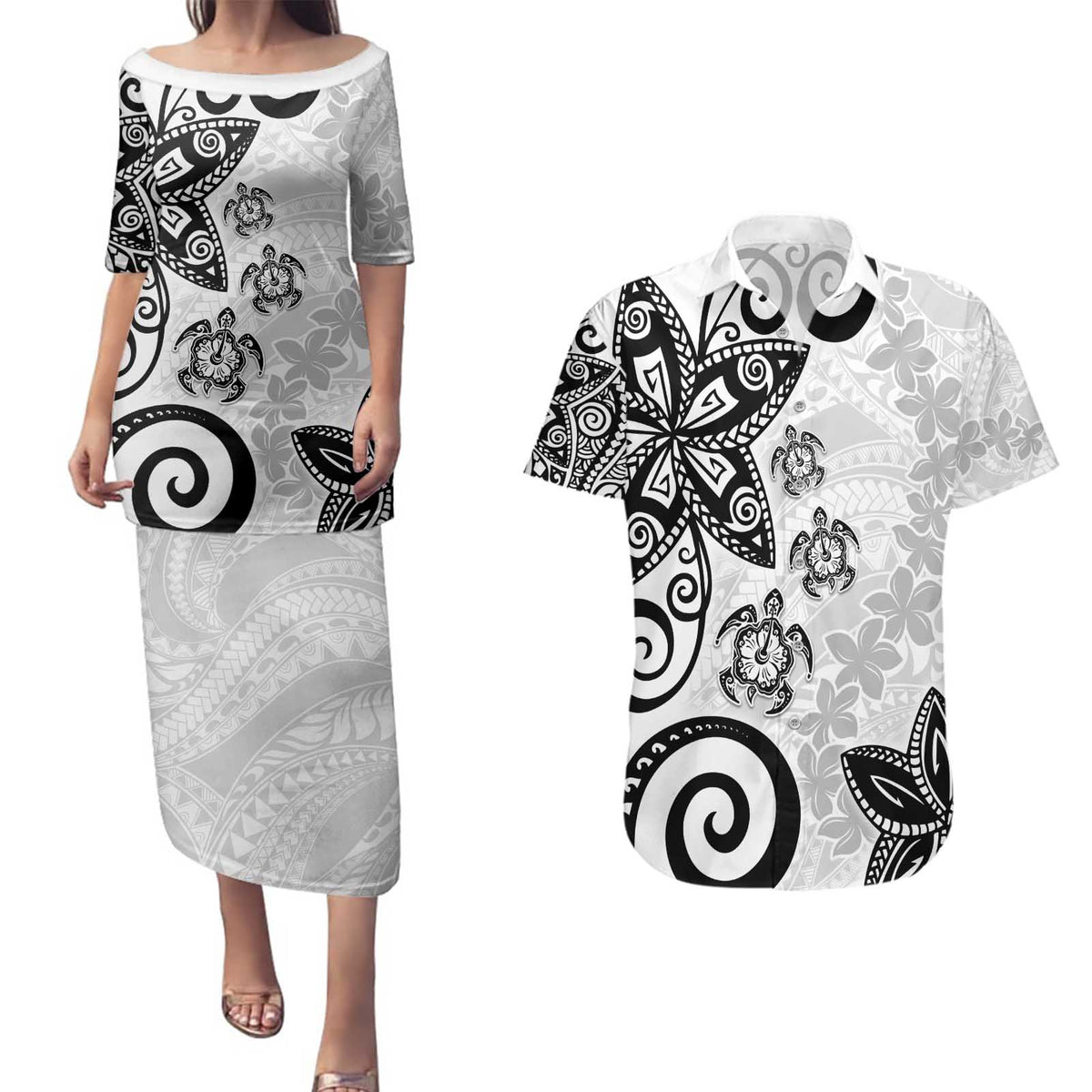Polynesia Couples Matching Puletasi and Hawaiian Shirt White Tribal Turtle Floral Pattern